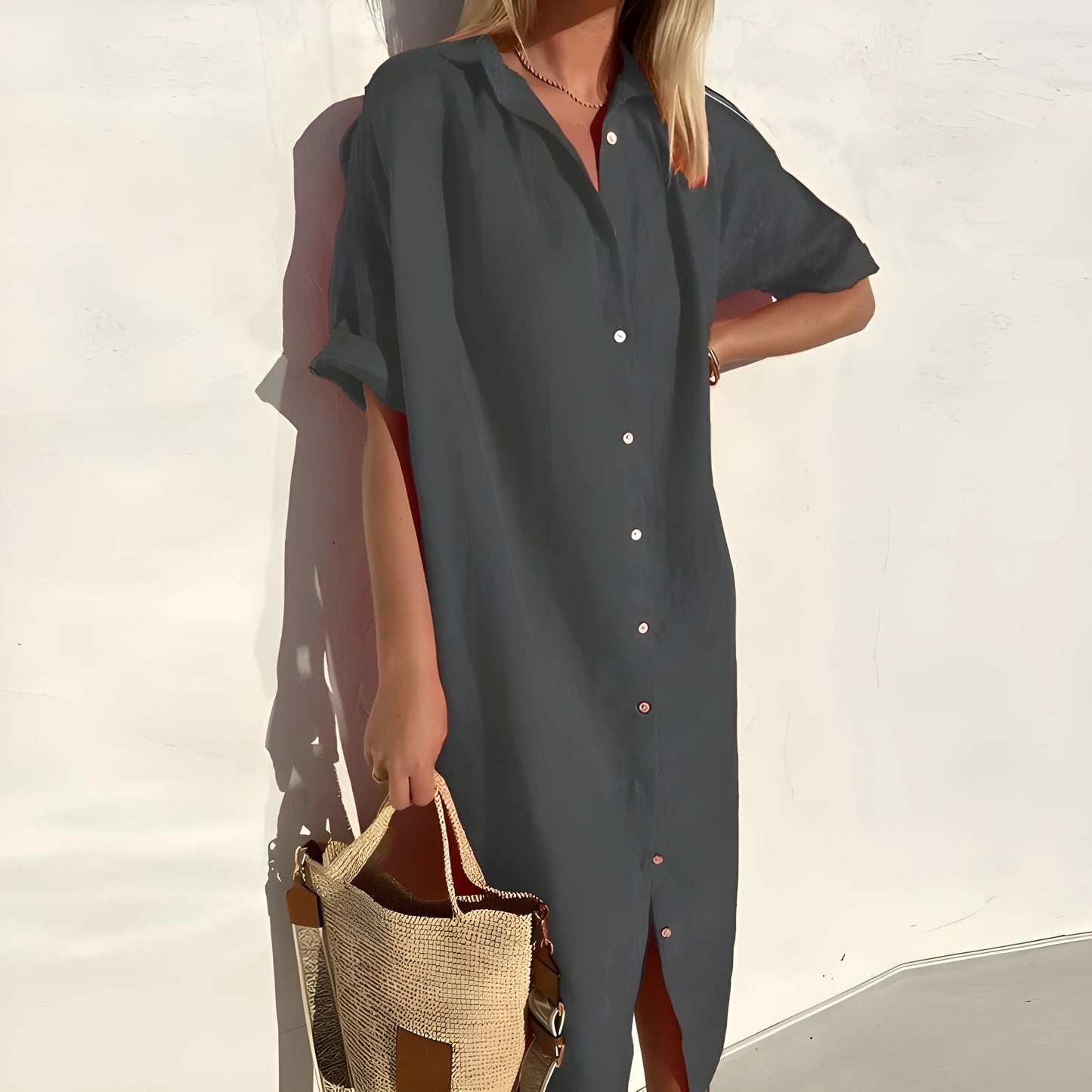 Vestido de Verano Midi Casual Elegante con Cierre de Botones