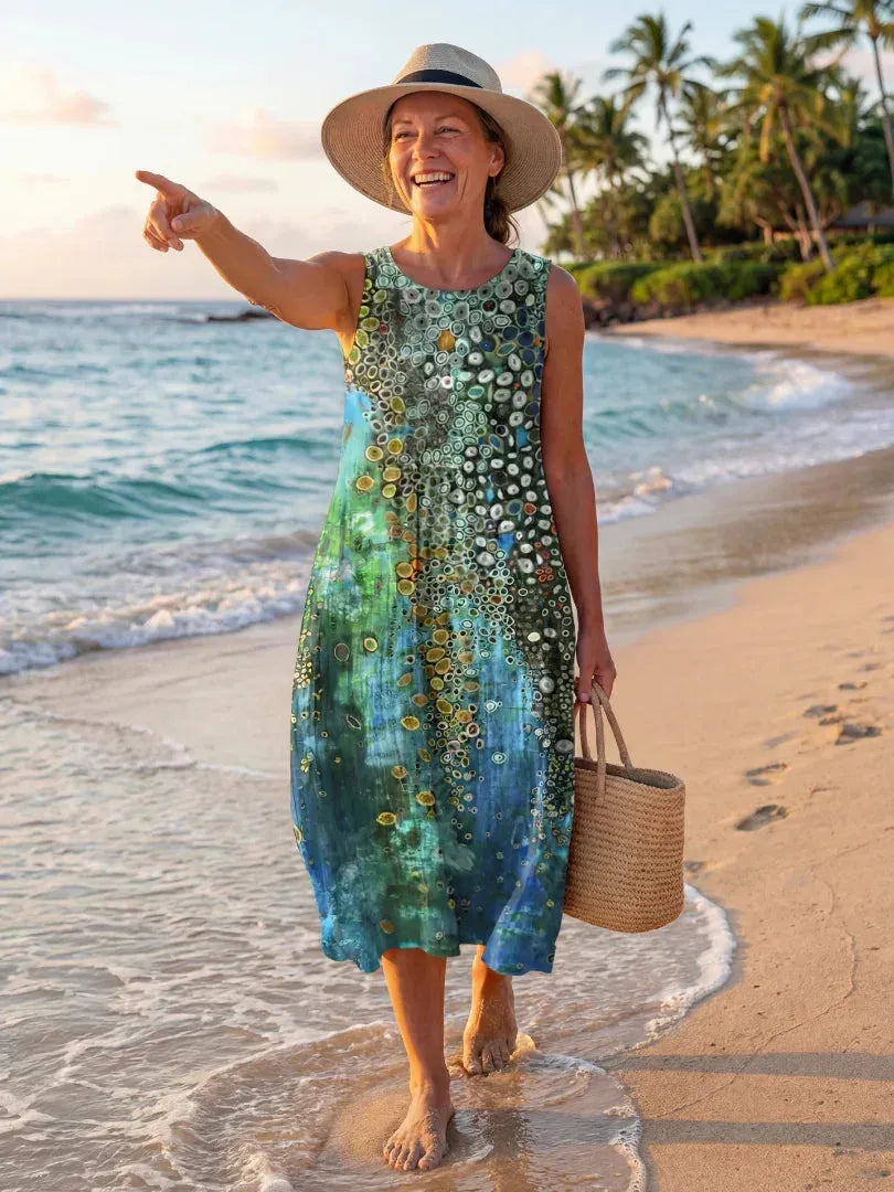 Vestido de Verano Midi Casual Estampado con Cuello Redondo