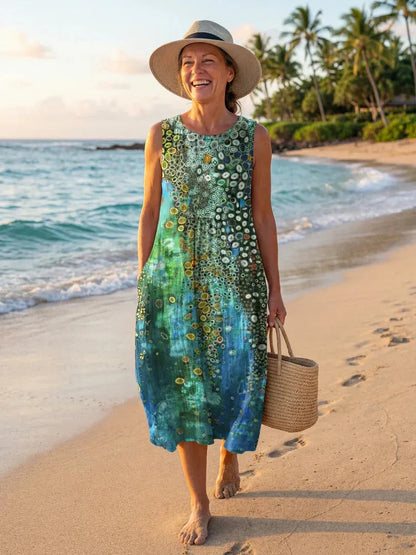 Vestido de Verano Midi Casual Estampado con Cuello Redondo