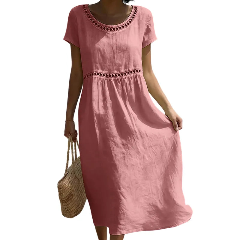 Vestido de Verano Midi Casual con Manga Corta y Encaje