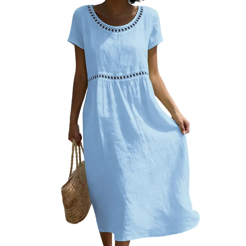 Vestido de Verano Midi Casual con Manga Corta y Encaje