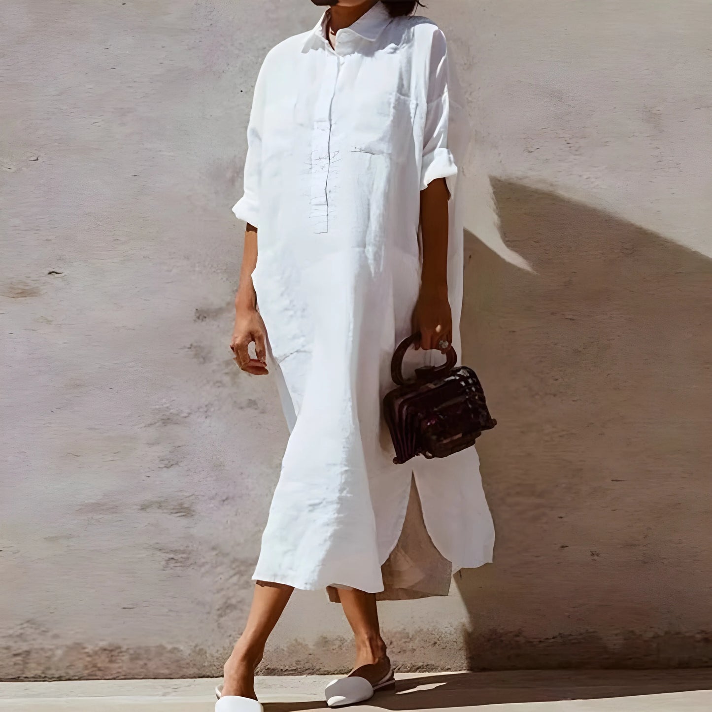 Vestido de Verano Midi Casual con Manga Larga y Bolsillos