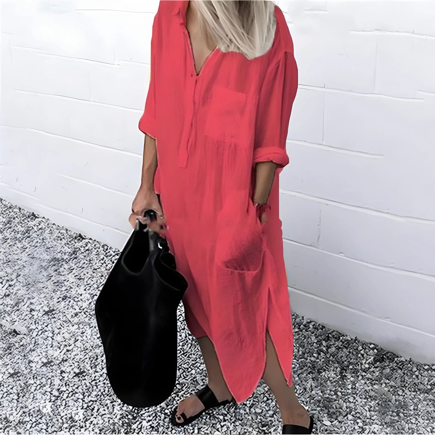 Vestido de Verano Midi Casual con Manga Larga y Bolsillos
