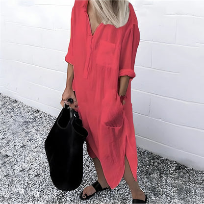 Vestido de Verano Midi Casual con Manga Larga y Bolsillos