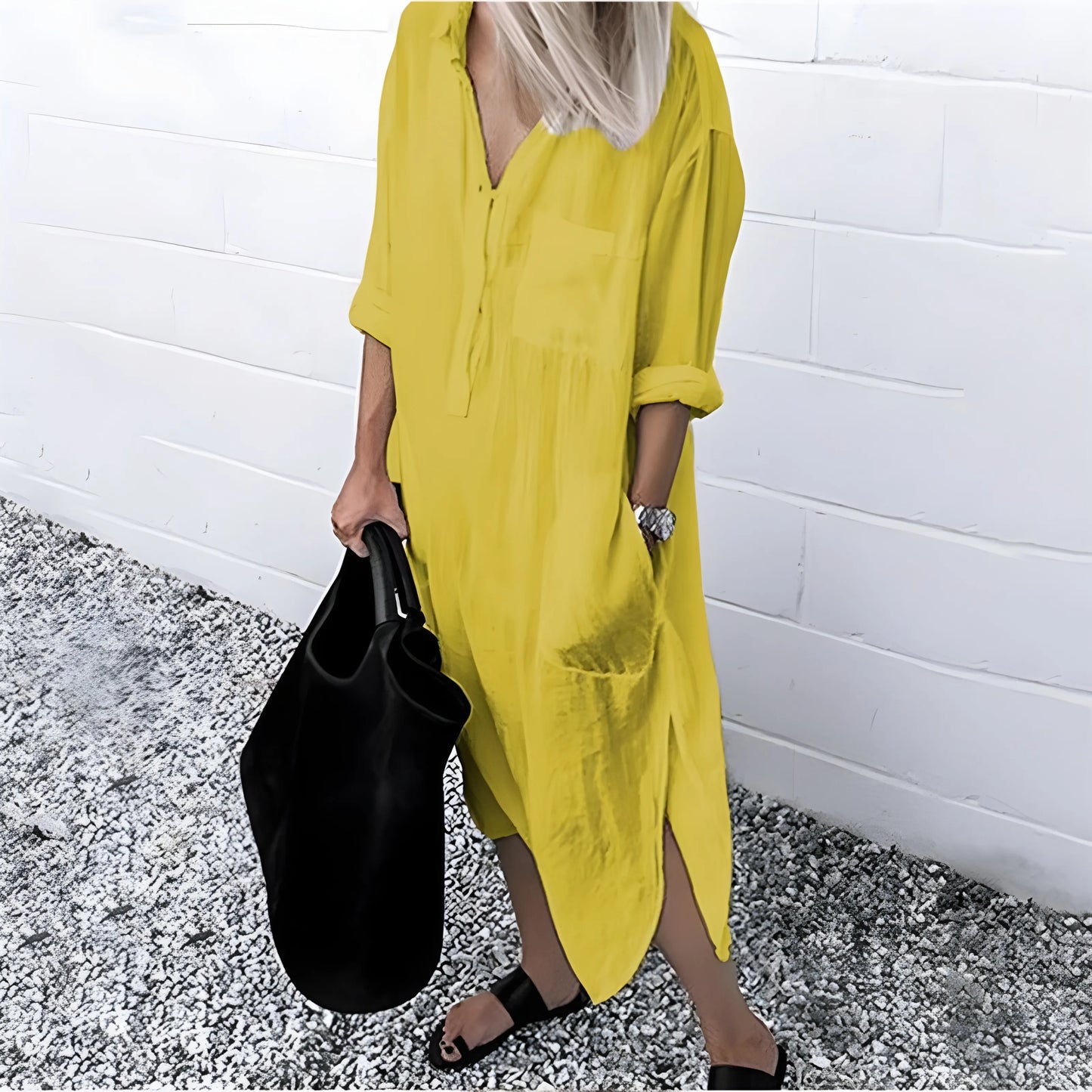 Vestido de Verano Midi Casual con Manga Larga y Bolsillos
