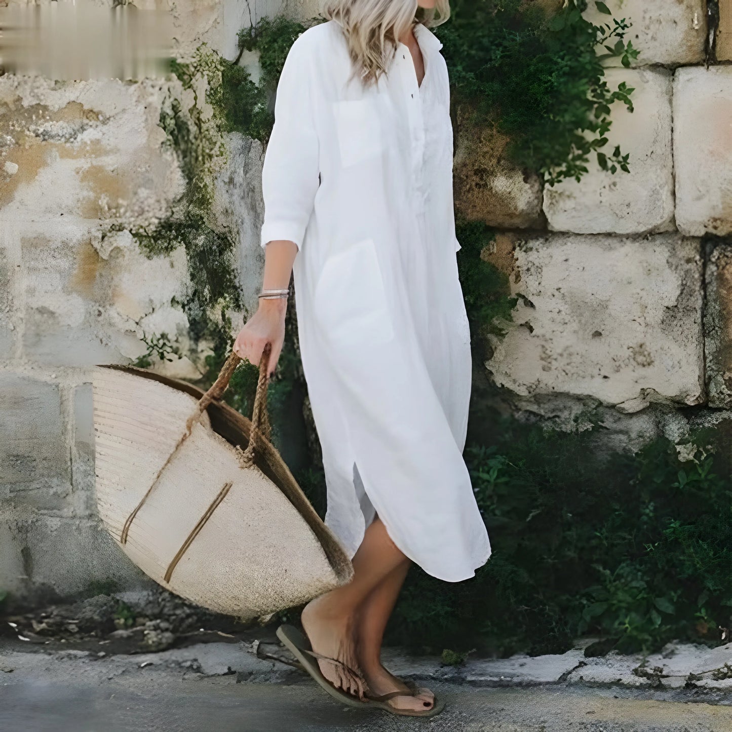 Vestido de Verano Midi Casual con Manga Larga y Bolsillos