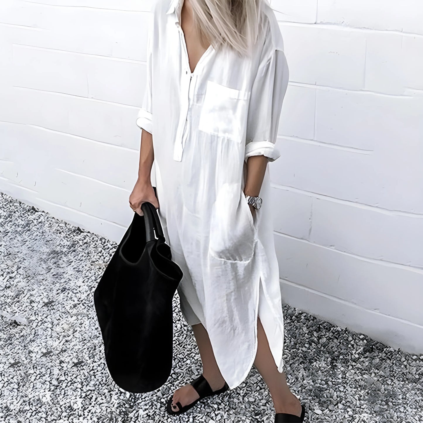 Vestido de Verano Midi Casual con Manga Larga y Bolsillos