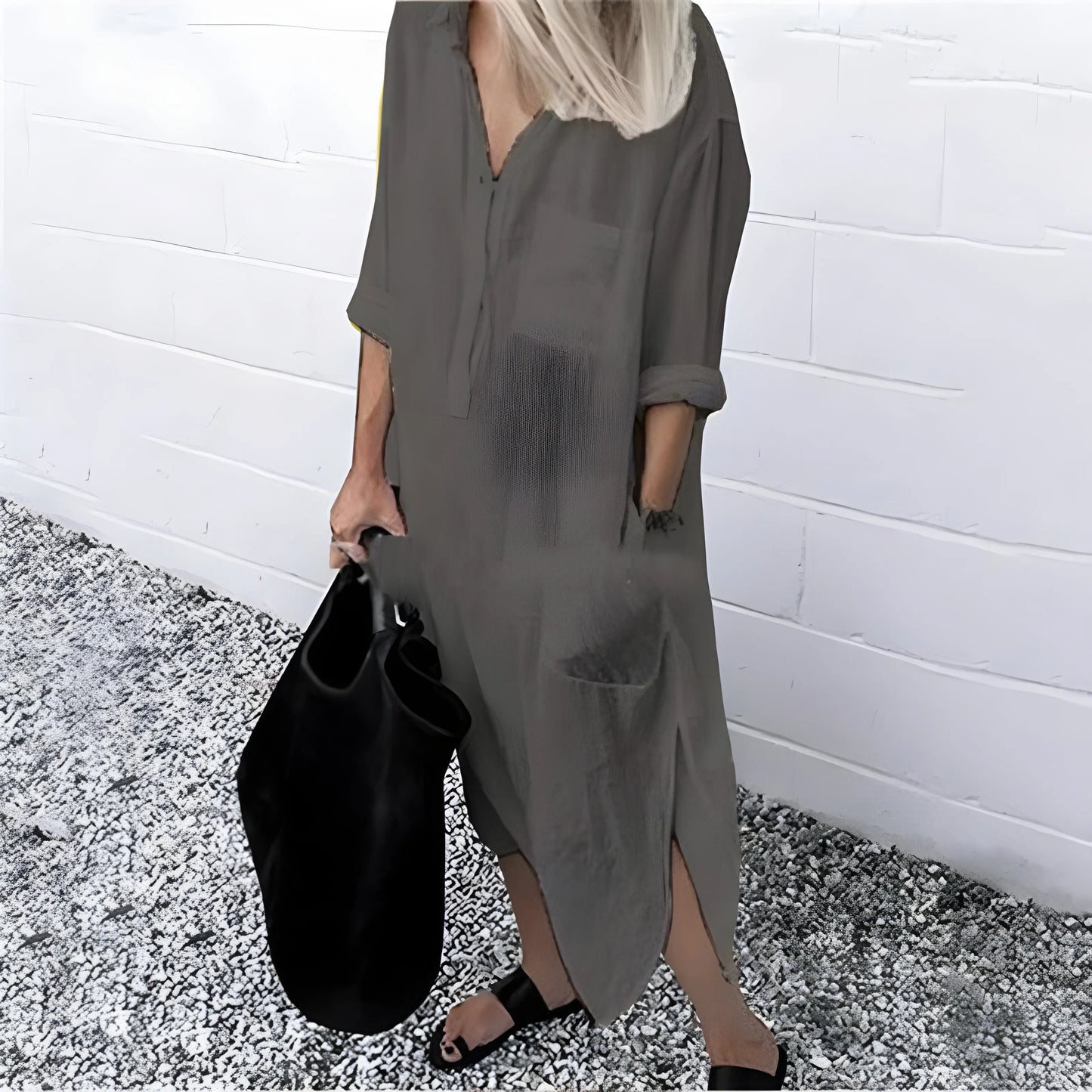 Vestido de Verano Midi Casual con Manga Larga y Bolsillos