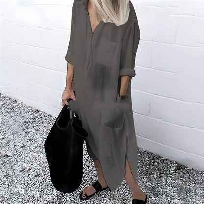 Vestido de Verano Midi Casual con Manga Larga y Bolsillos