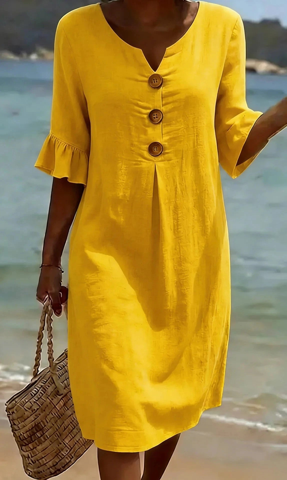 Vestido de Verano Midi Casual con Volantes y Botones