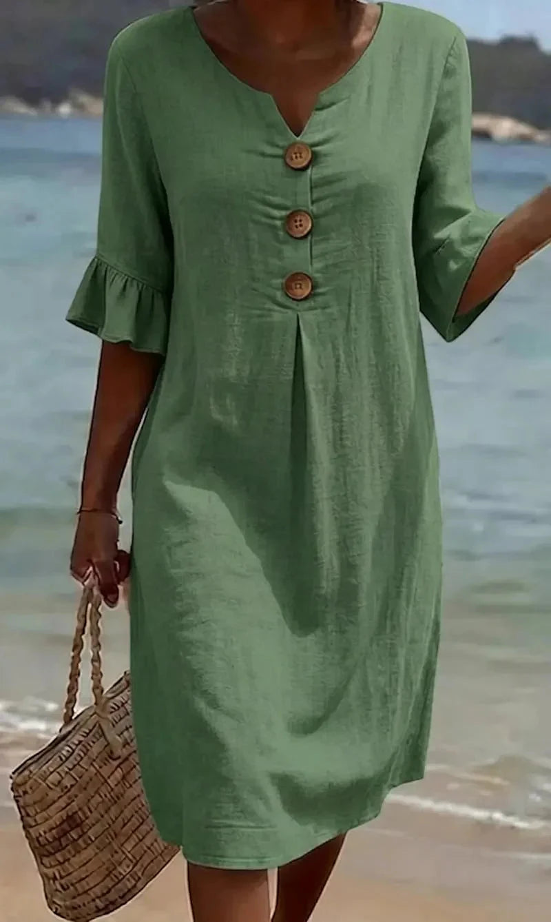 Vestido de Verano Midi Casual con Volantes y Botones