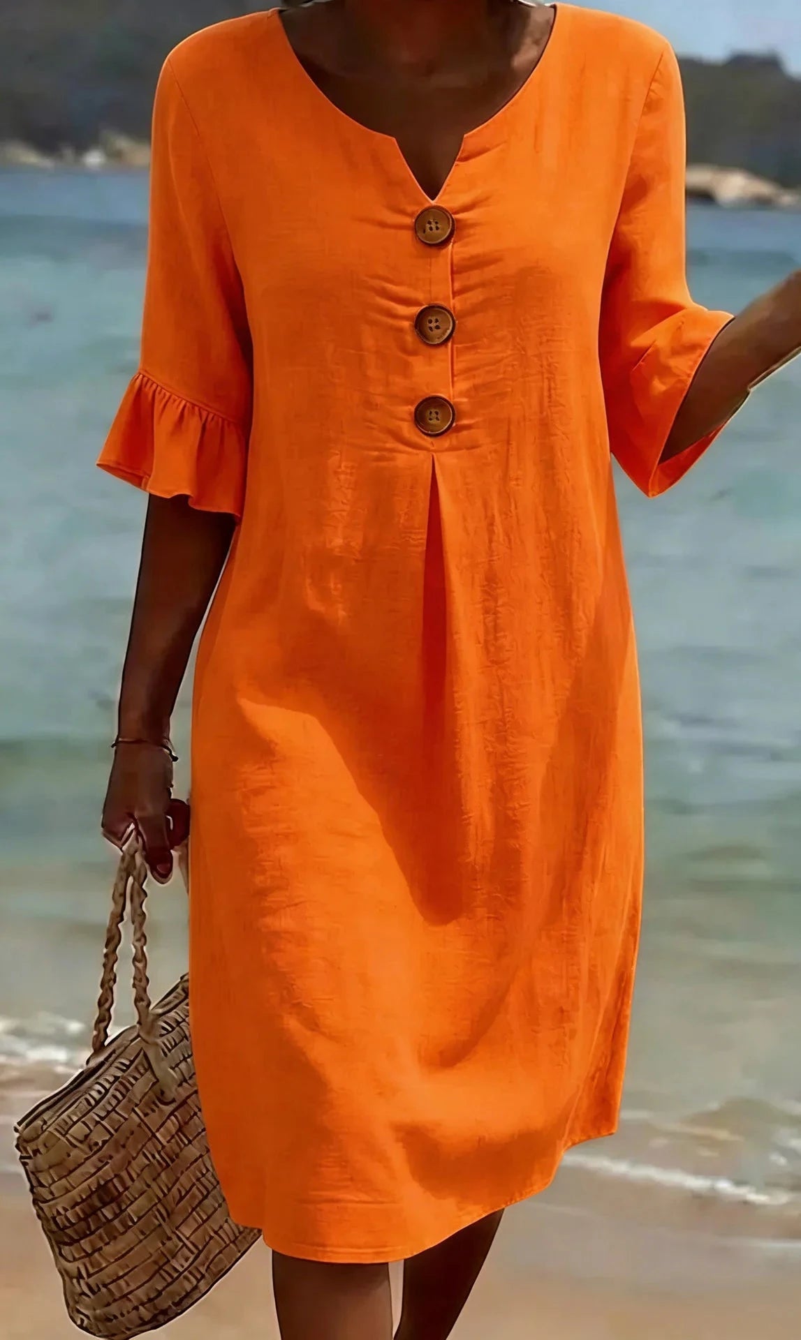 Vestido de Verano Midi Casual con Volantes y Botones