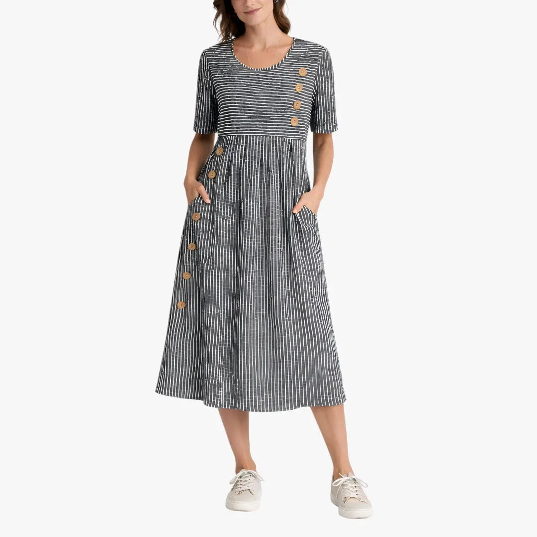 Vestido de Verano Midi Casual de Rayas con Botones y Bolsillos