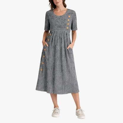 Vestido de Verano Midi Casual de Rayas con Botones y Bolsillos