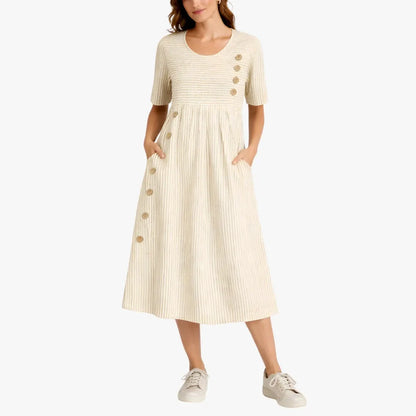 Vestido de Verano Midi Casual de Rayas con Botones y Bolsillos