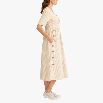 Vestido de Verano Midi Casual de Rayas con Botones y Bolsillos