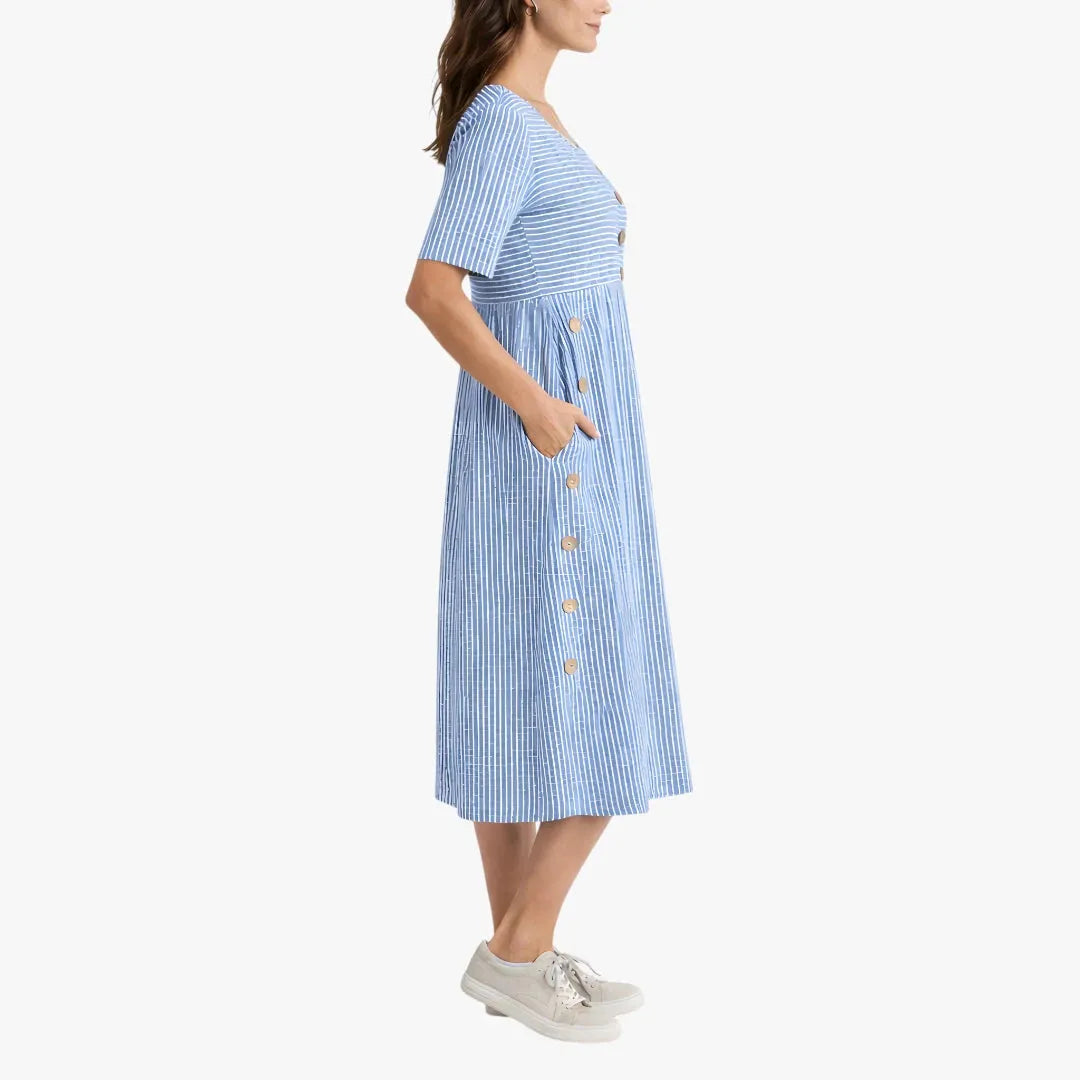 Vestido de Verano Midi Casual de Rayas con Botones y Bolsillos