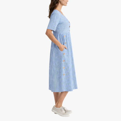 Vestido de Verano Midi Casual de Rayas con Botones y Bolsillos