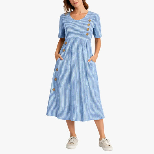 Vestido de Verano Midi Casual de Rayas con Botones y Bolsillos