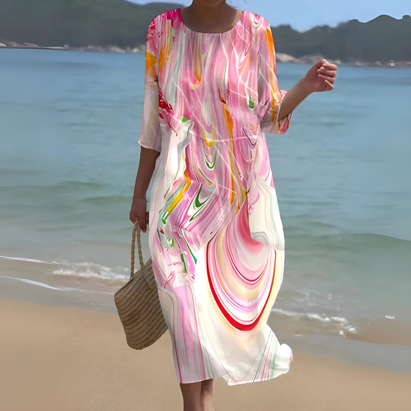 Vestido de Verano Midi Elegante Flores con Cuello Redondo