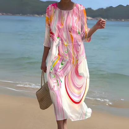 Vestido de Verano Midi Elegante Flores con Cuello Redondo