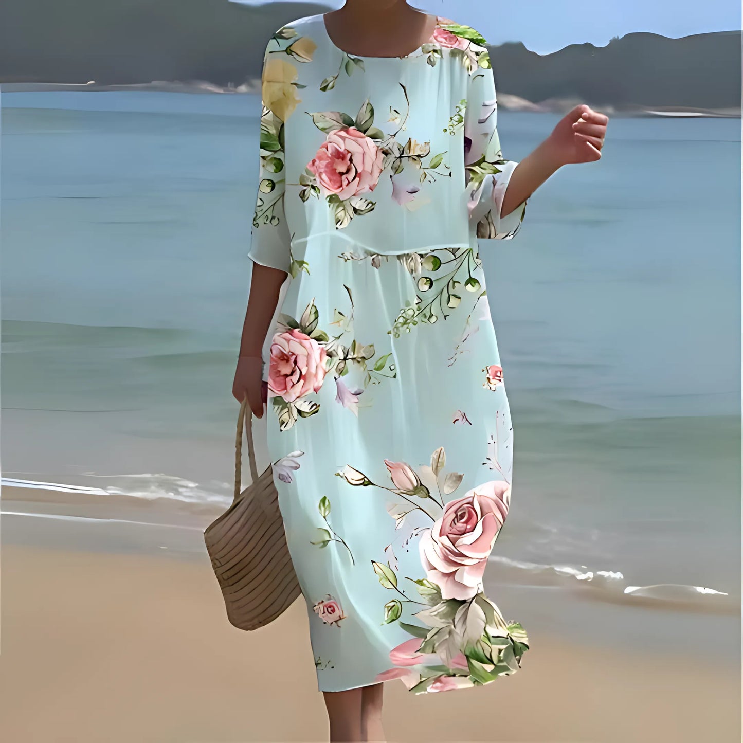 Vestido de Verano Midi Elegante Flores con Cuello Redondo