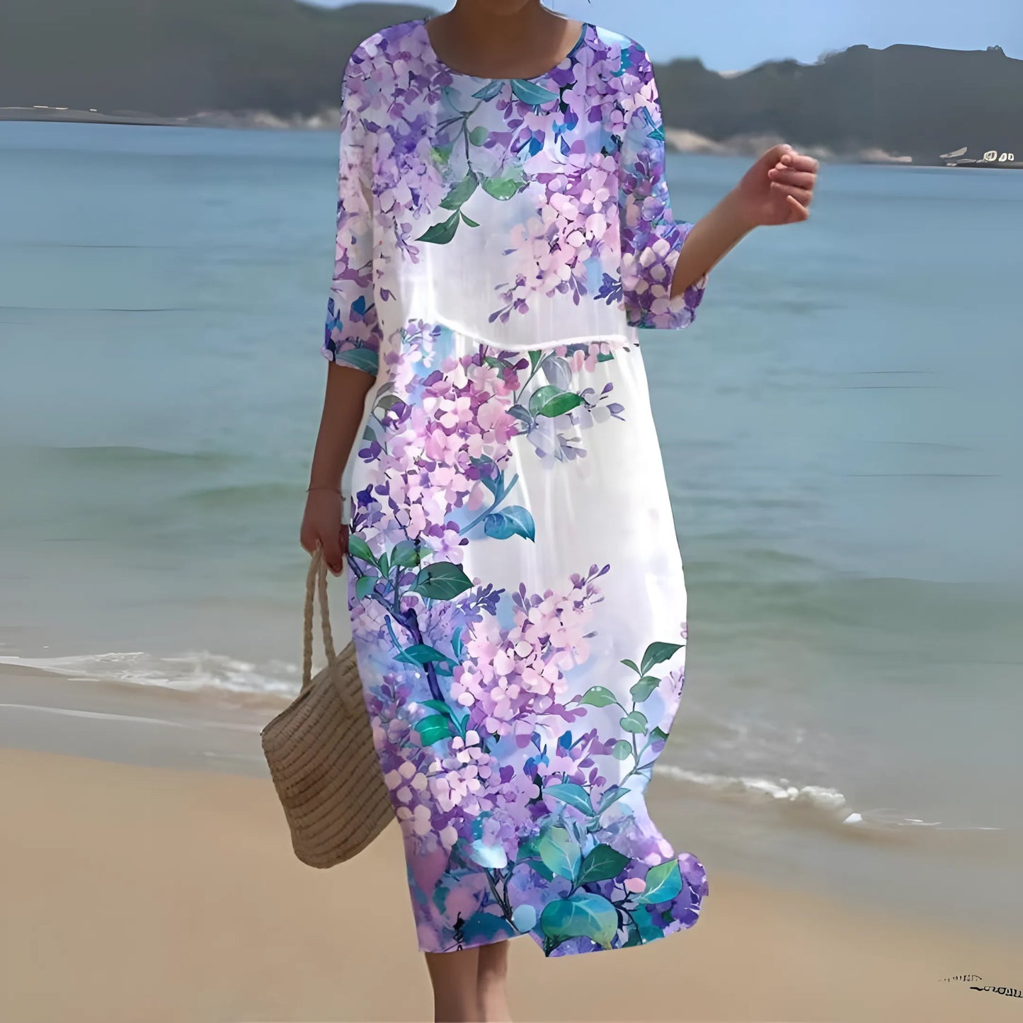 Vestido de Verano Midi Elegante Flores con Cuello Redondo
