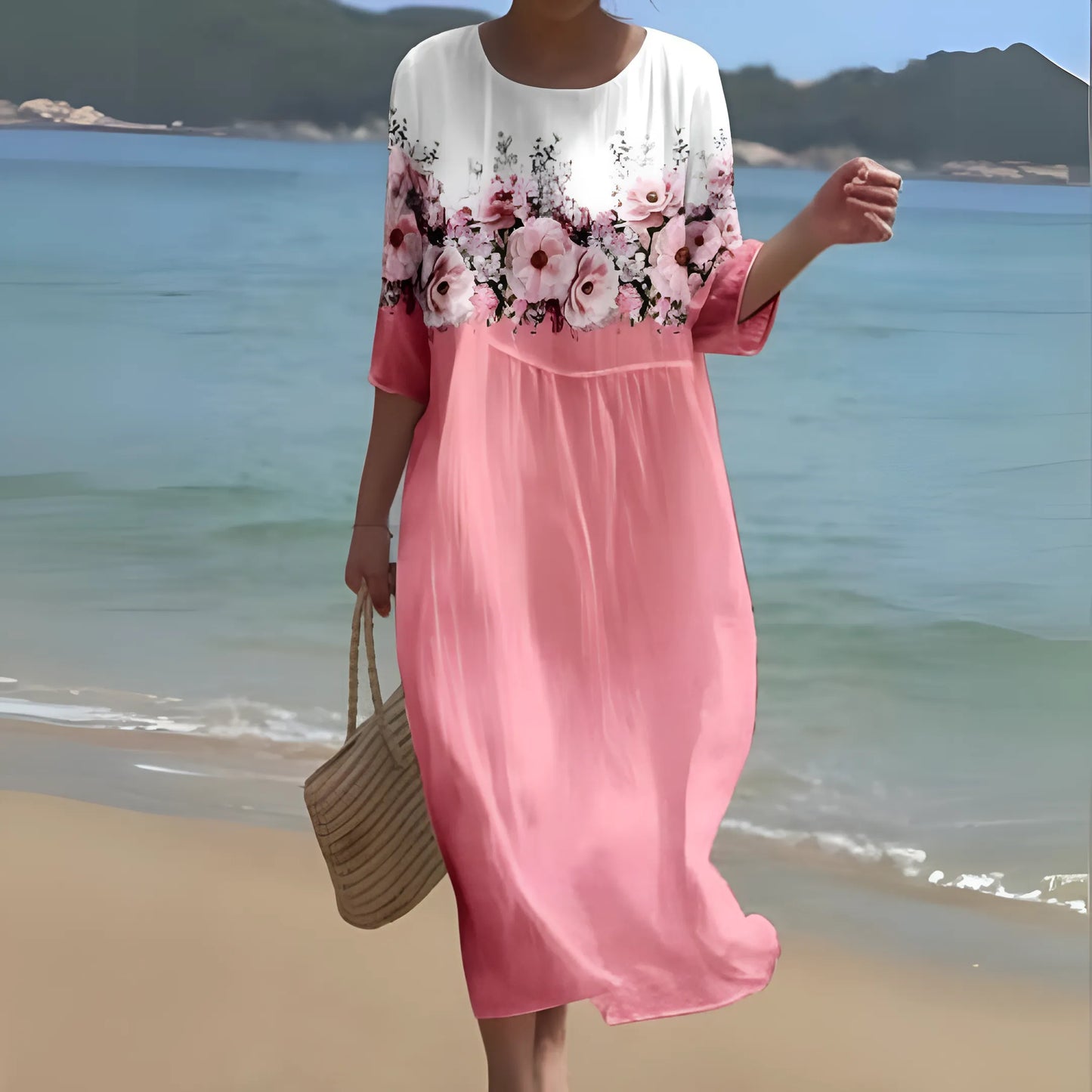Vestido de Verano Midi Elegante Flores con Cuello Redondo