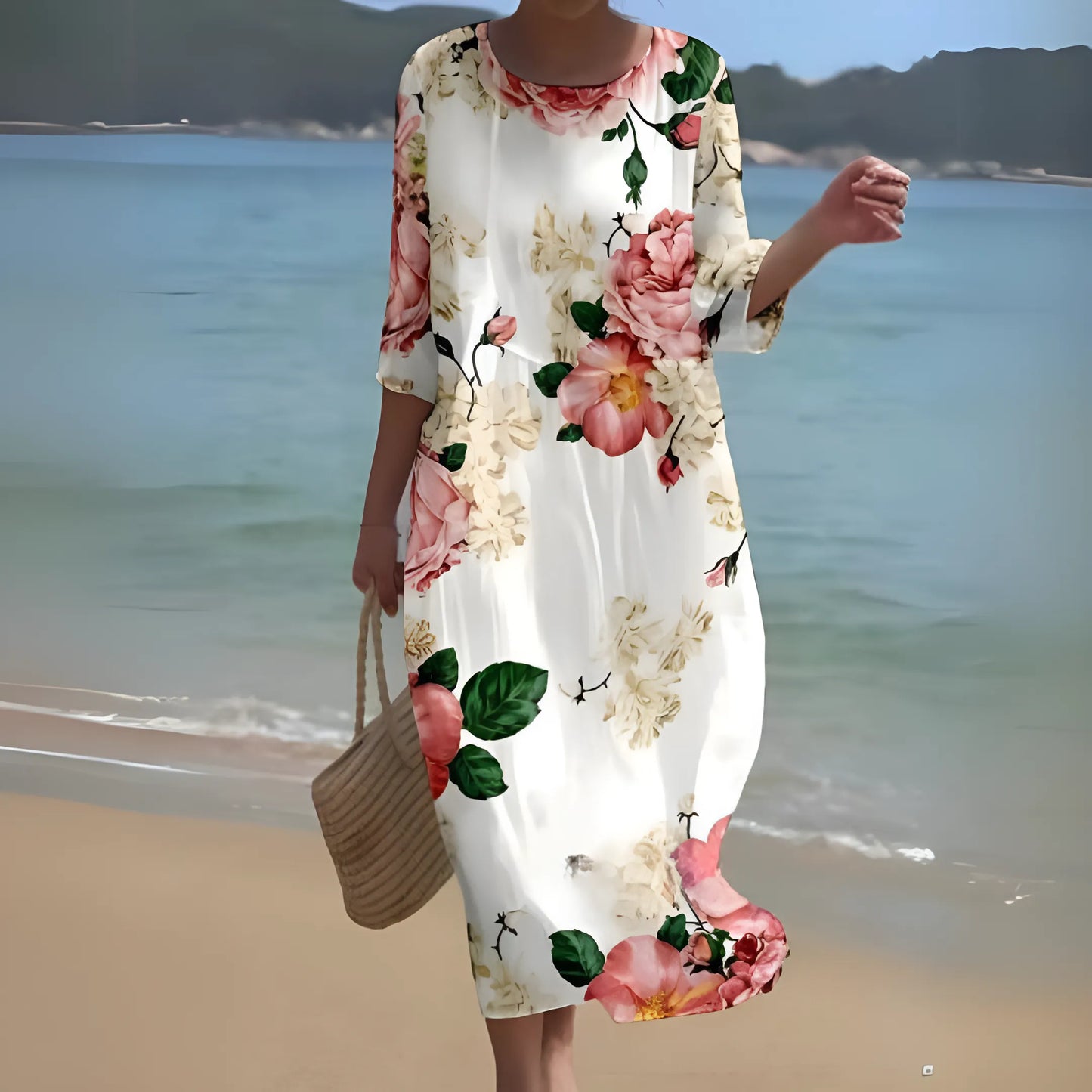 Vestido de Verano Midi Elegante Flores con Cuello Redondo