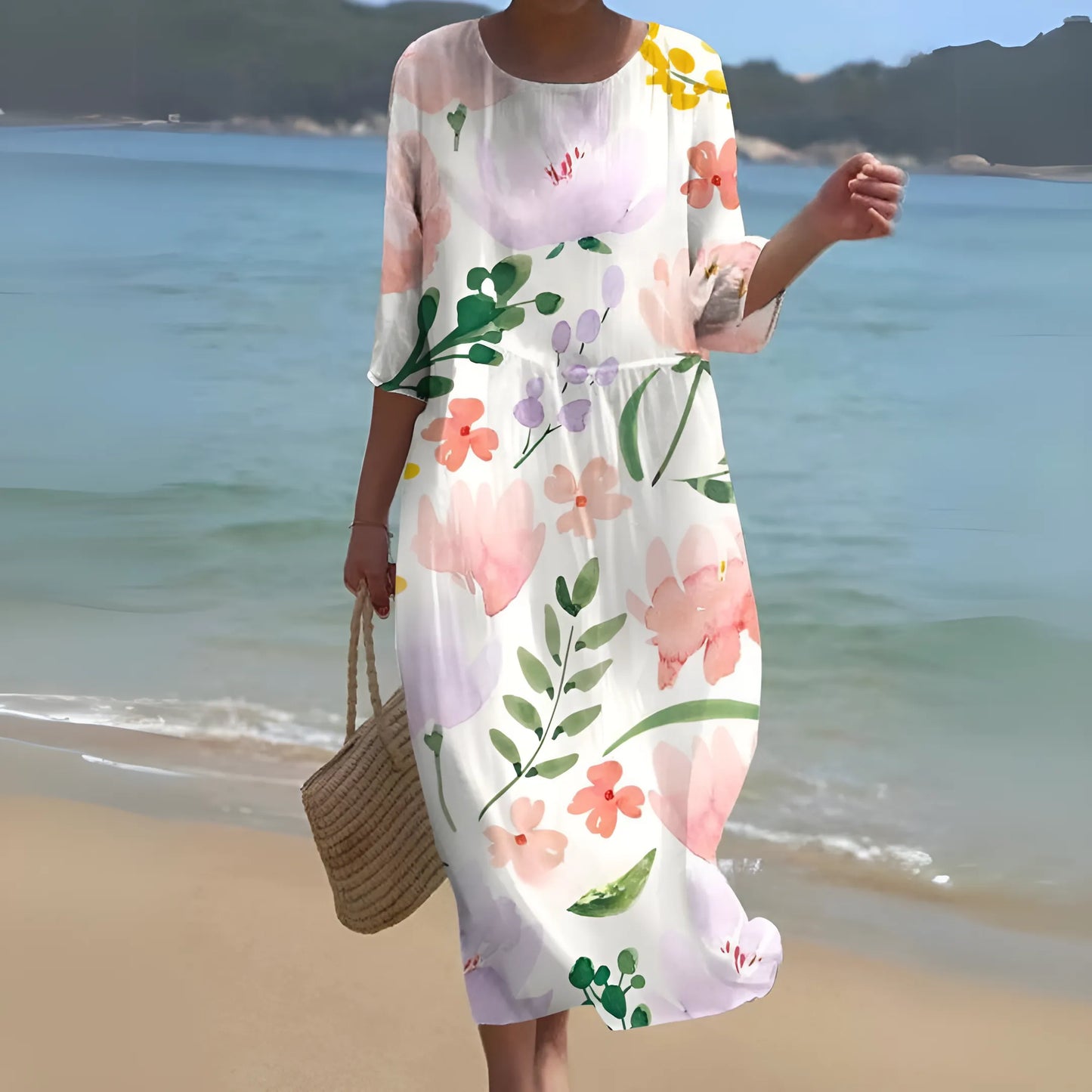 Vestido de Verano Midi Elegante Flores con Cuello Redondo
