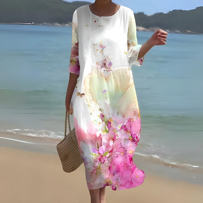 Vestido de Verano Midi Elegante Flores con Cuello Redondo