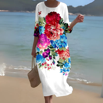 Vestido de Verano Midi Elegante Flores con Cuello Redondo