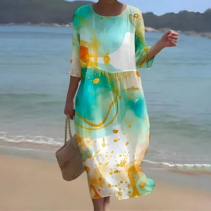 Vestido de Verano Midi Elegante Flores con Cuello Redondo