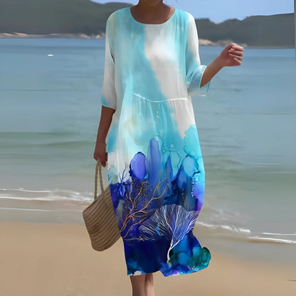 Vestido de Verano Midi Elegante Flores con Cuello Redondo