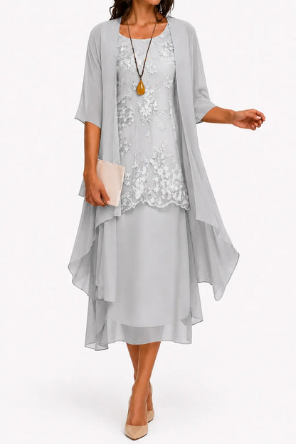 Vestido de Verano Midi Elegante con Capa y Encaje