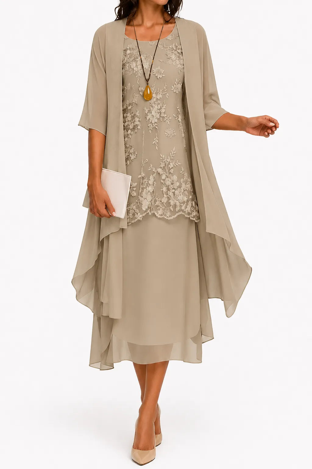 Vestido de Verano Midi Elegante con Capa y Encaje
