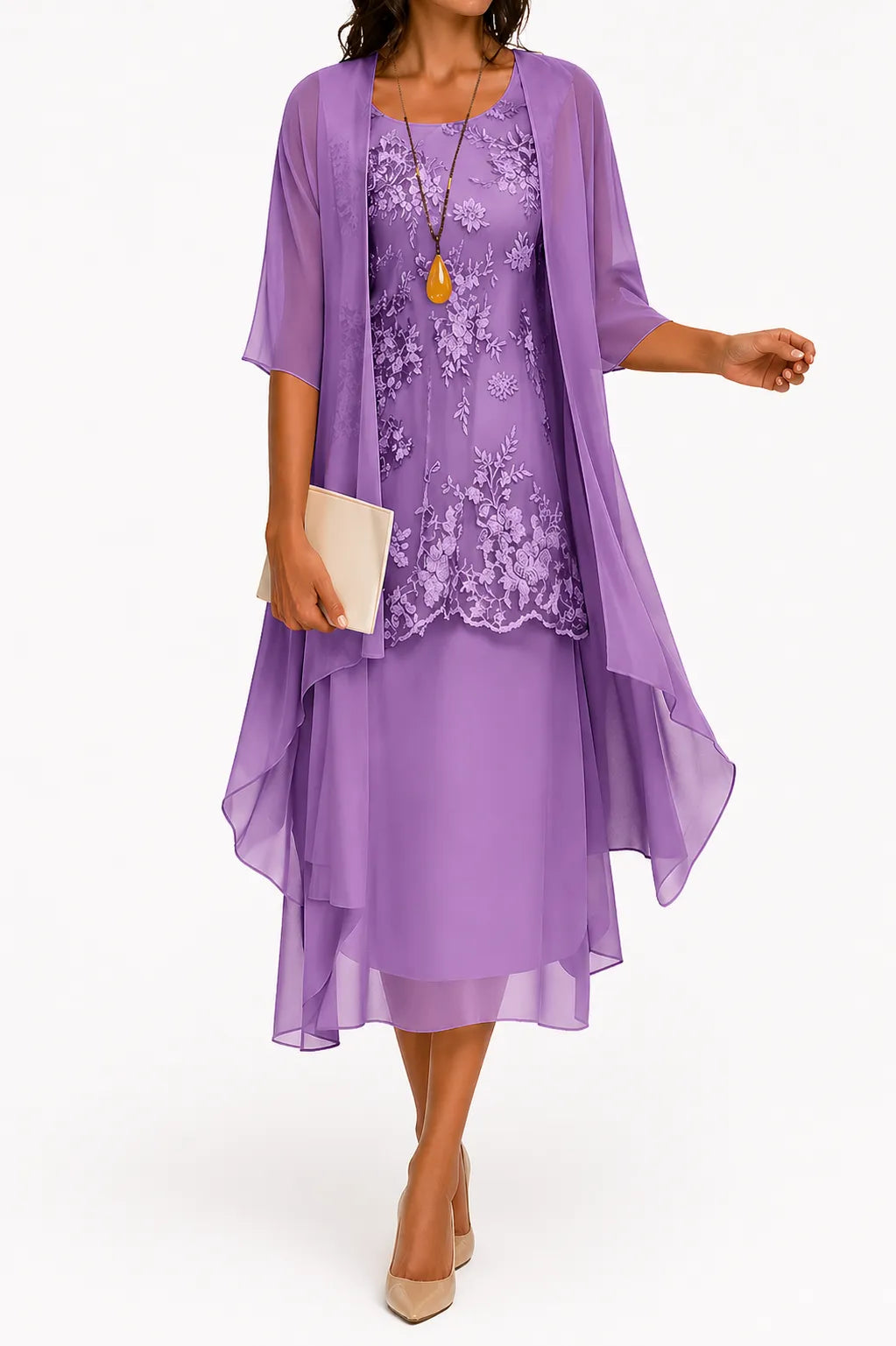 Vestido de Verano Midi Elegante con Capa y Encaje