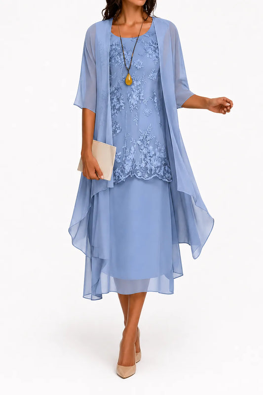 Vestido de Verano Midi Elegante con Capa y Encaje