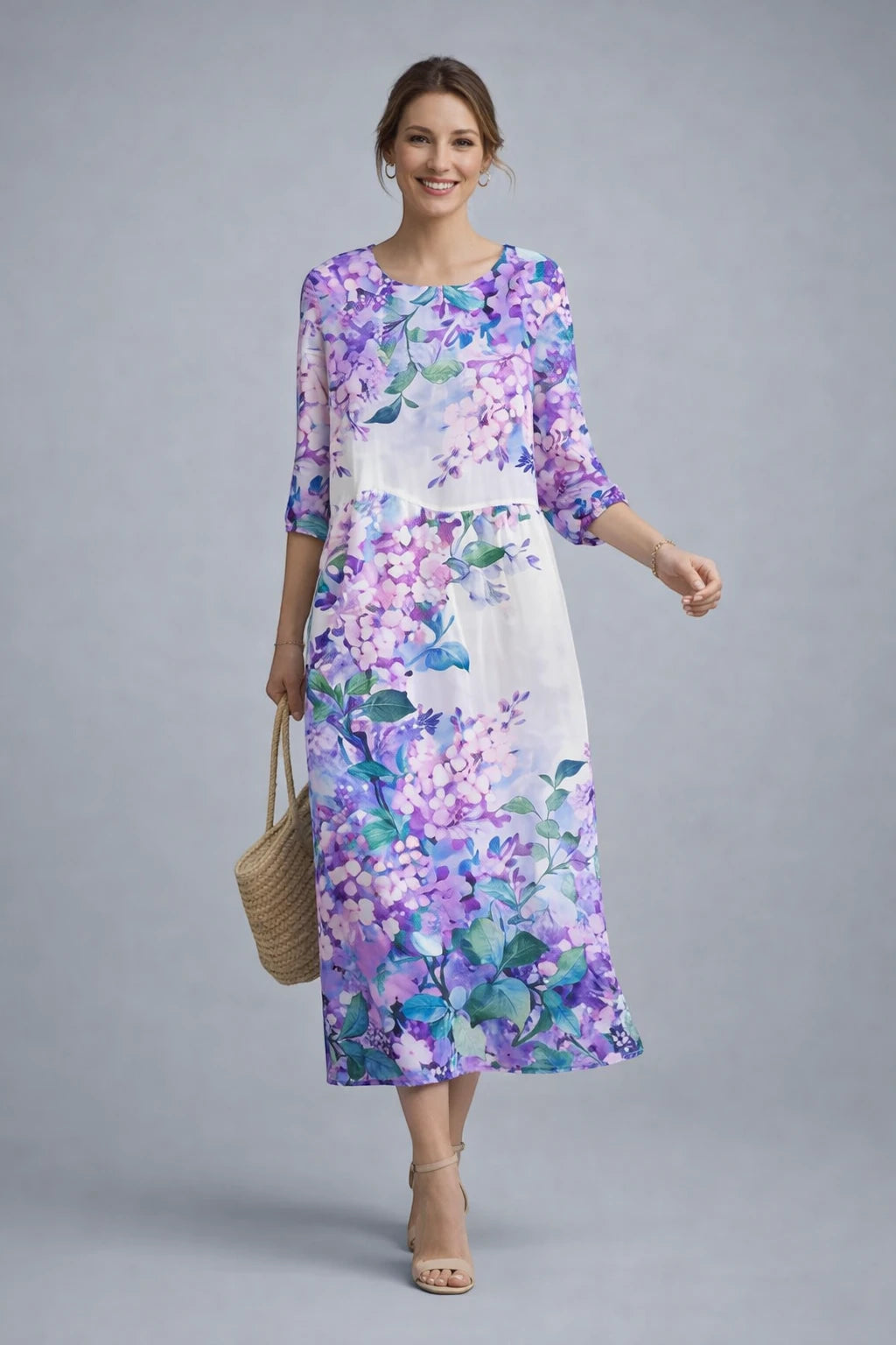 Vestido de Verano Midi Elegante con Estampado y Manga Larga