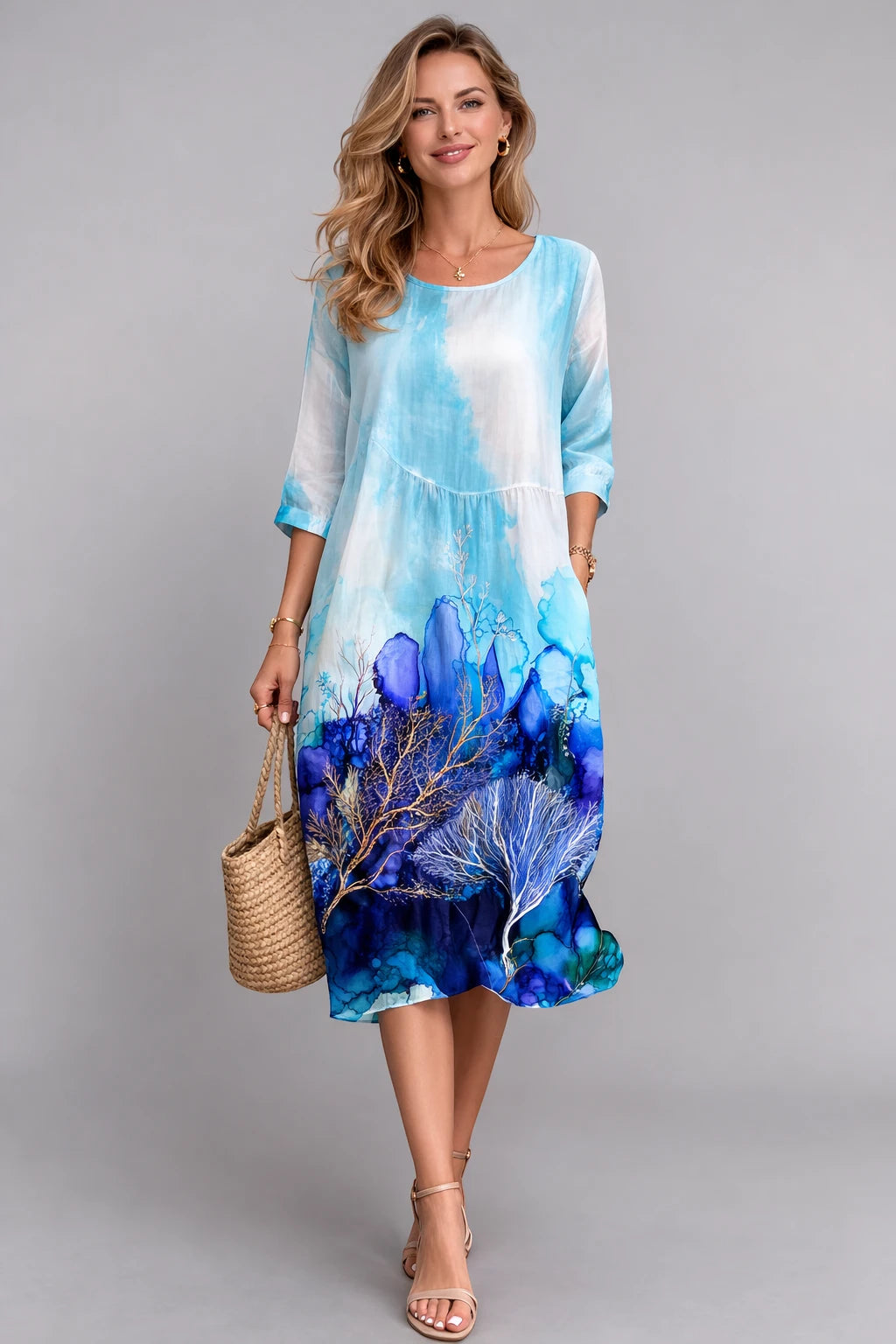 Vestido de Verano Midi Elegante con Estampado y Manga Larga