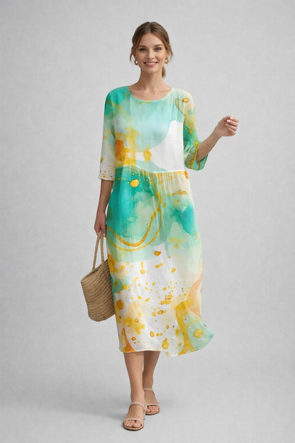 Vestido de Verano Midi Elegante con Estampado y Manga Larga