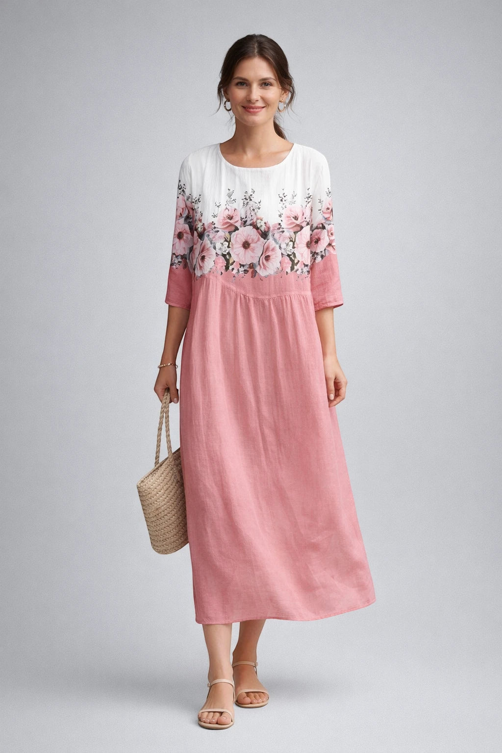 Vestido de Verano Midi Elegante con Estampado y Manga Larga