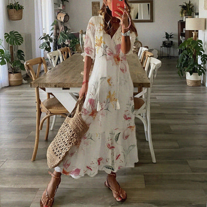 Vestido de Verano Midi Estampado Flores con Manga Corta