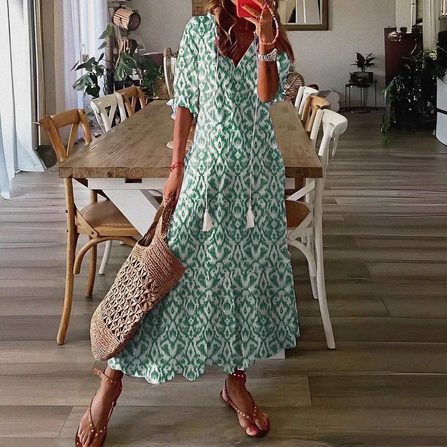 Vestido de Verano Midi Estampado Flores con Manga Corta