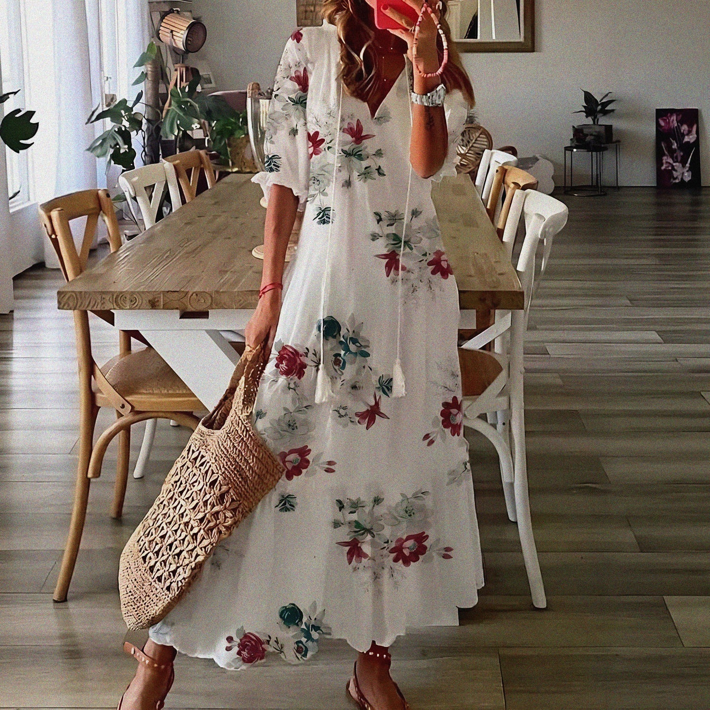 Vestido de Verano Midi Estampado Flores con Manga Corta