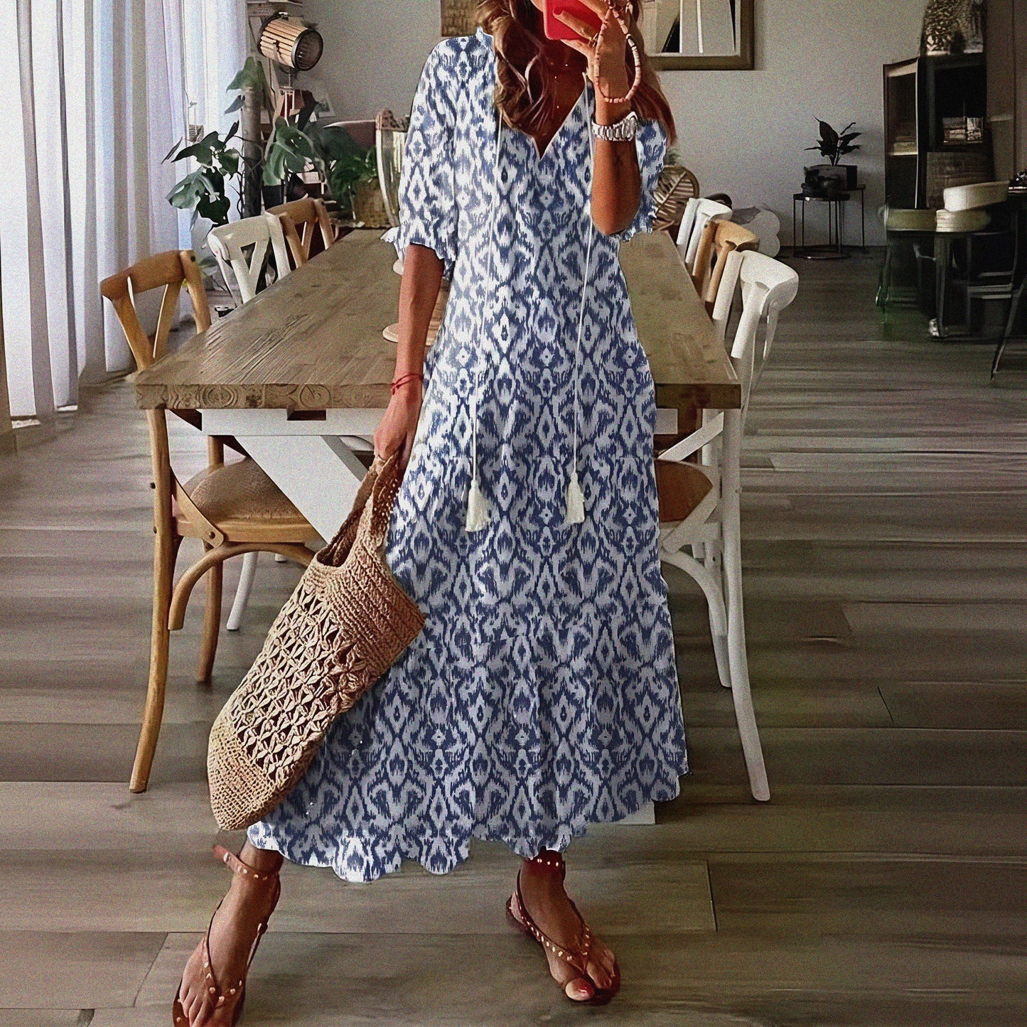 Vestido de Verano Midi Estampado Flores con Manga Corta