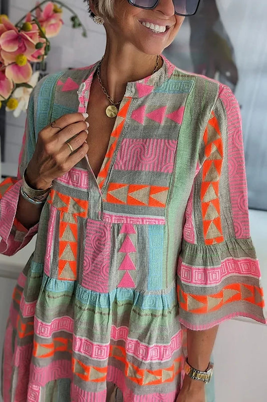 Vestido de Verano Midi Estampado Vintage con Manga Corta