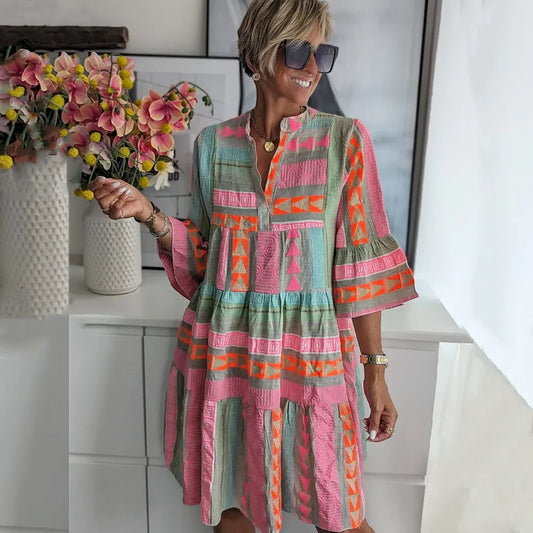Vestido de Verano Midi Estampado Vintage con Manga Corta