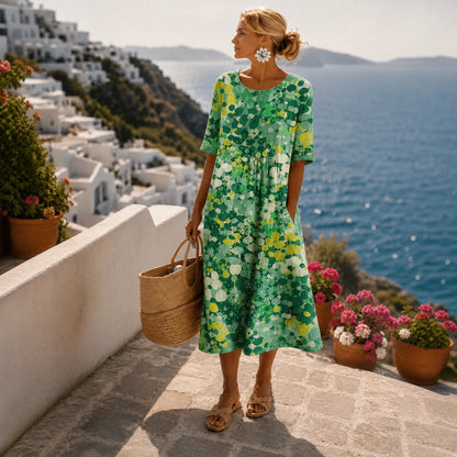 Vestido de Verano Midi Estampado con Manga Corta y Bolsillos