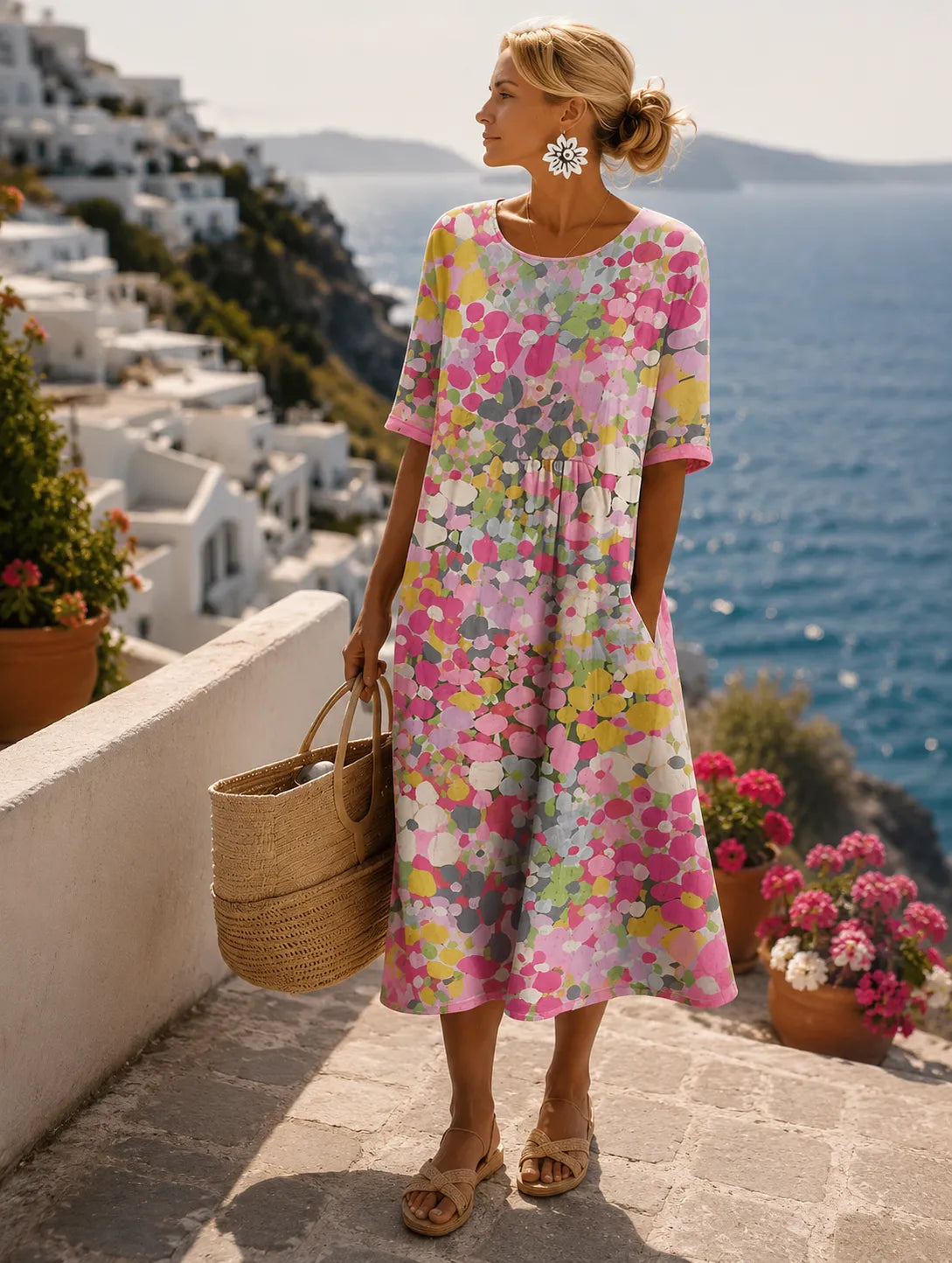 Vestido de Verano Midi Estampado con Manga Corta y Bolsillos